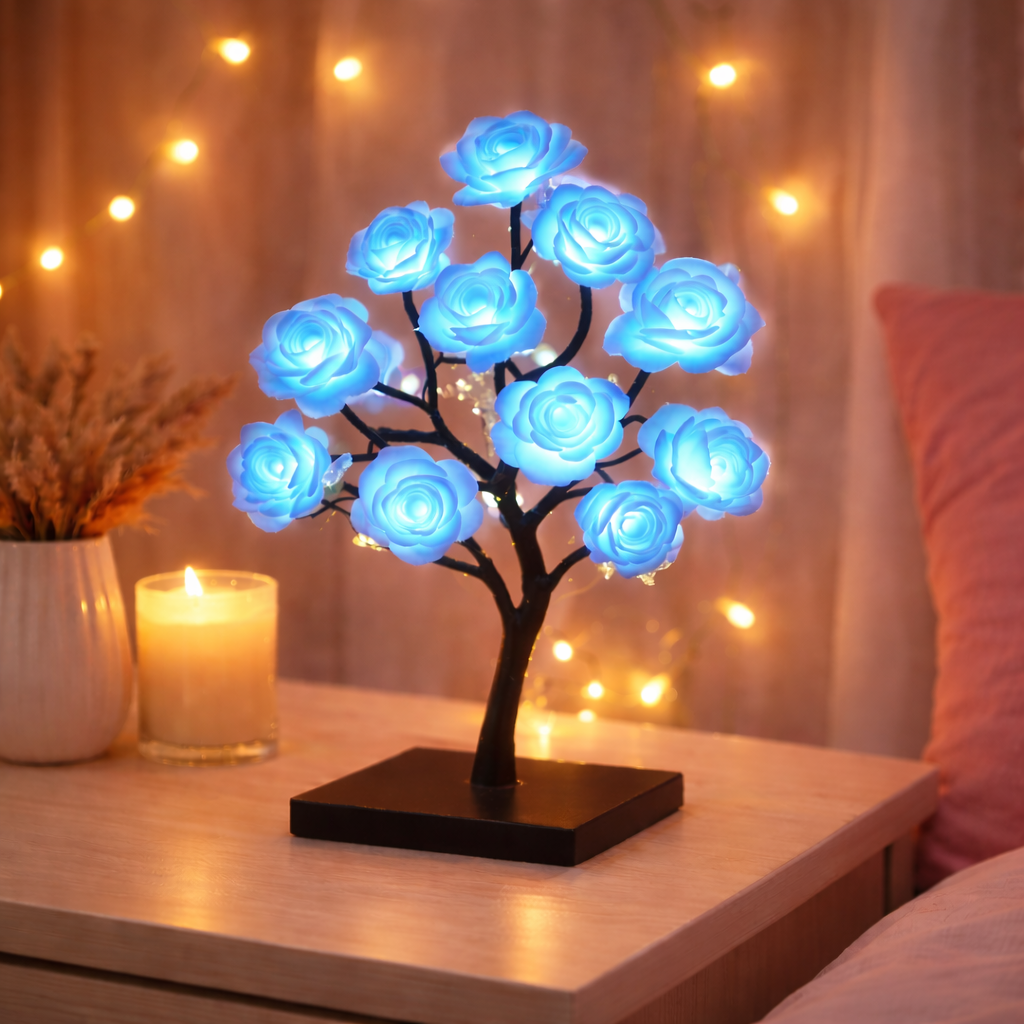 Drzewko Róż LED na stoliku nocnym – ciepłe, romantyczne światło do sypialni